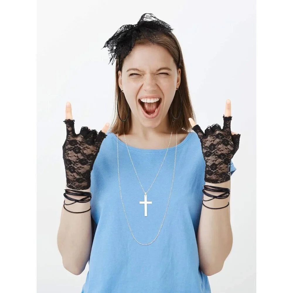 80s Costume Accessories Lace Headband Earrings Fishnet Gloves Necklace Bracelet
